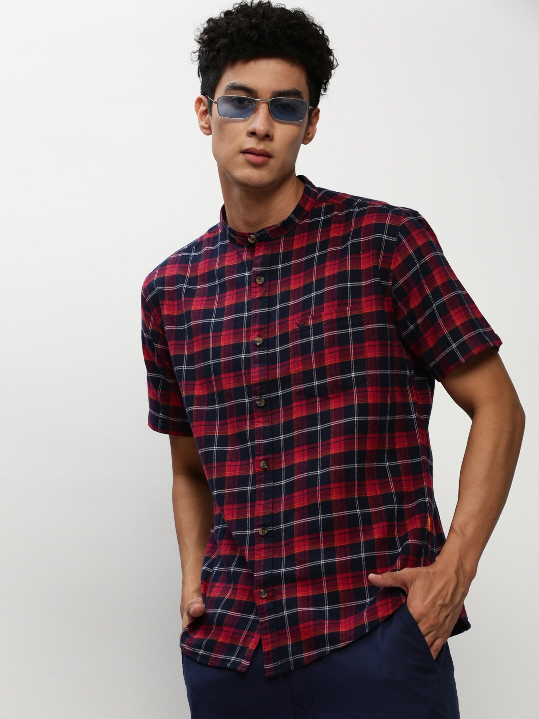 

SHOWOFF Standard Slim Fit Tartan Checked Cotton Casual Shirt, Navy blue