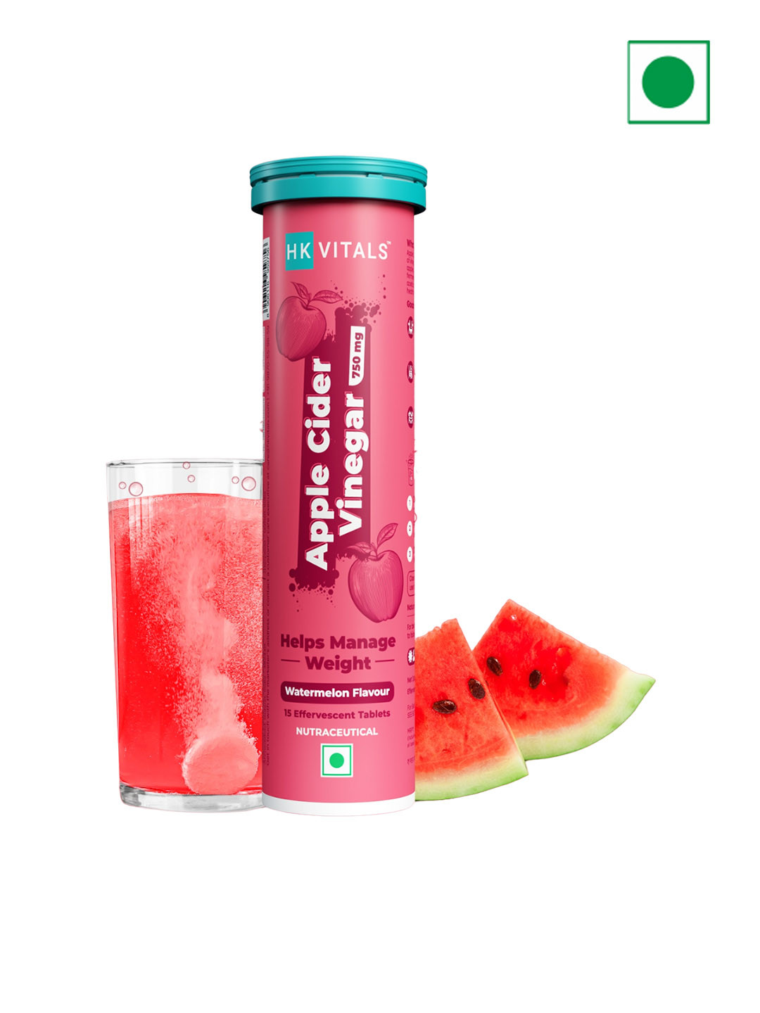 

HK VITALS Watermelon Flavor Apple Cider Vinegar Tablets 750mg - 15 Effervescent Tablets, Pink