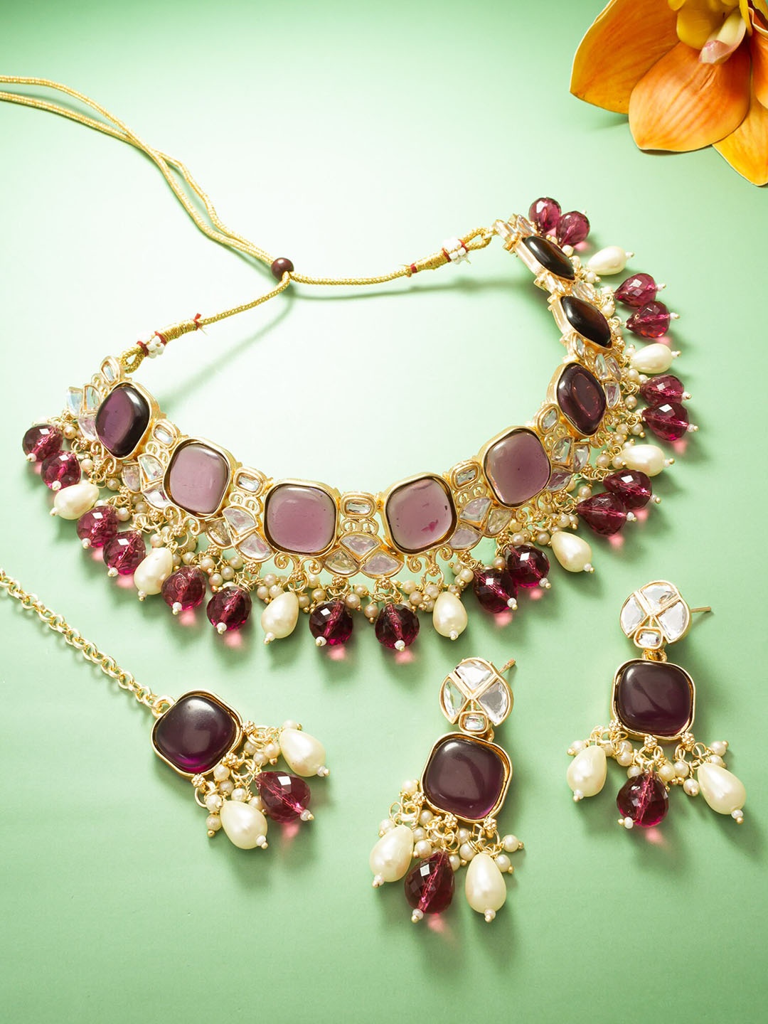

aadita Stone-Studded & Beaded Necklace With Earrings And Maang Tika, Gold