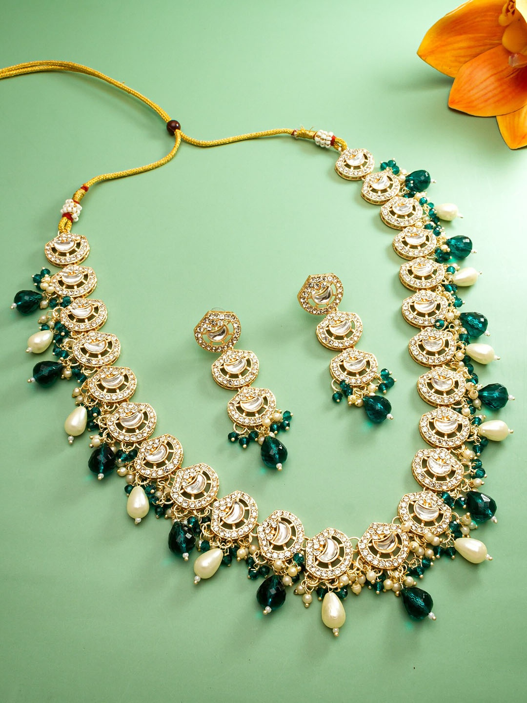 

aadita Stone-Studded & Beaded Necklace With Earrings, Gold