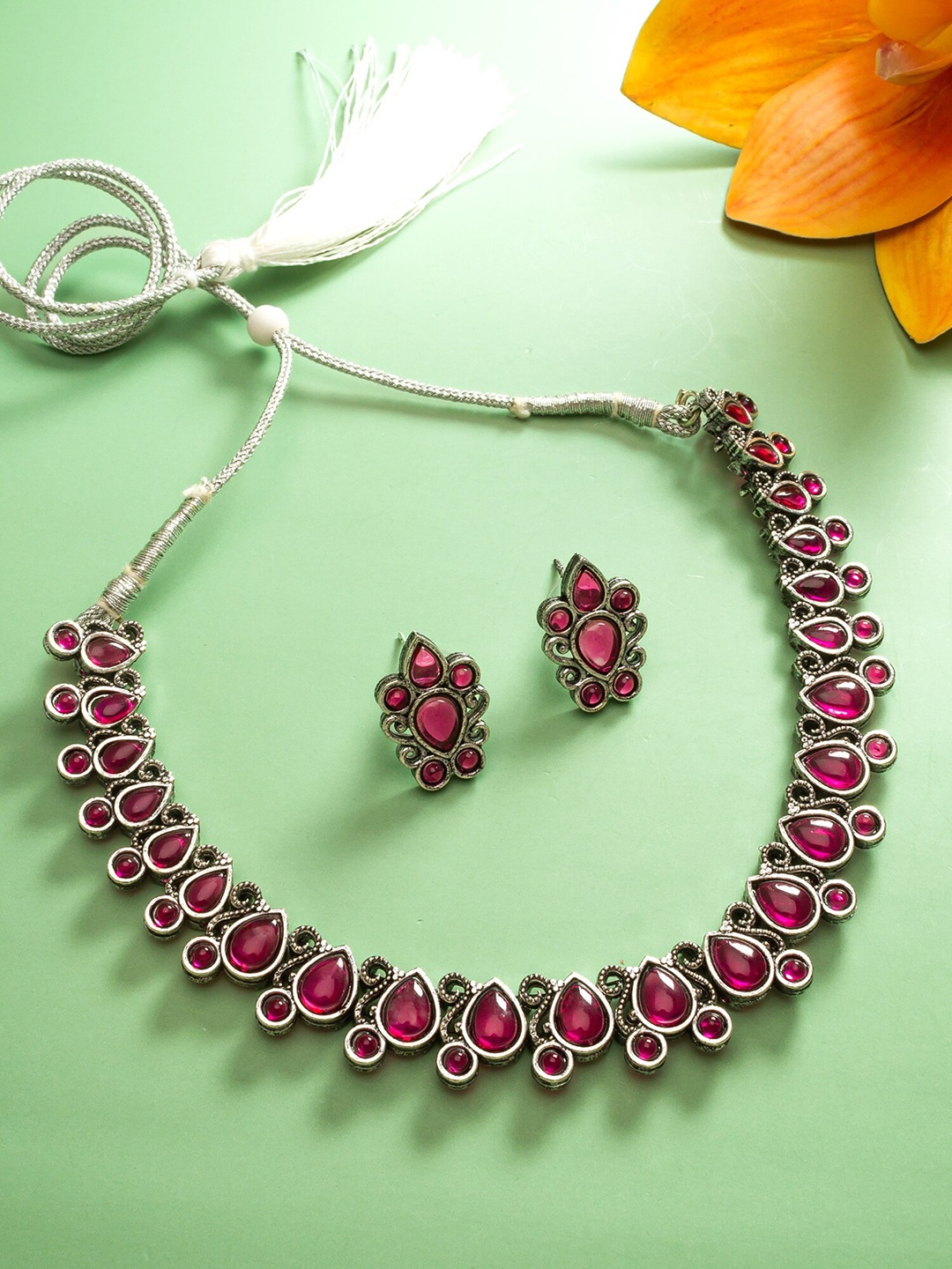 

aadita Silver-Plated Stone-Studded Necklace With Earrings