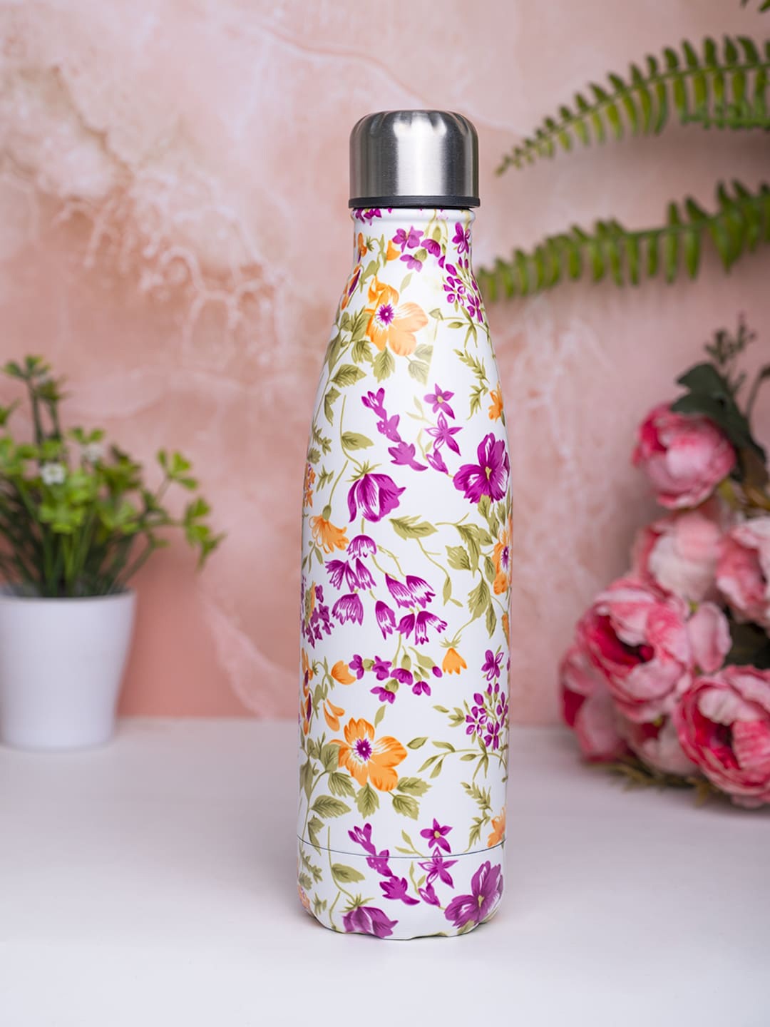 

MARKET99 White & Purple Floral-Printed Leak Proof Stainless Steel Water Bottle 500 ML