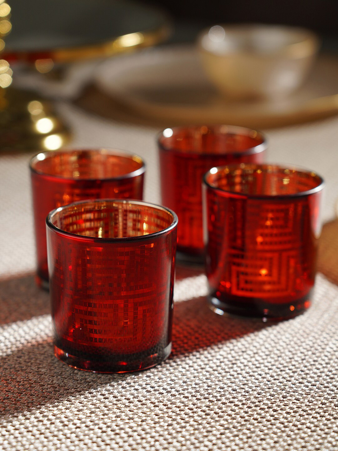 

Pure Home and Living Red 4 Pieces Patterned Glass Candle Holders