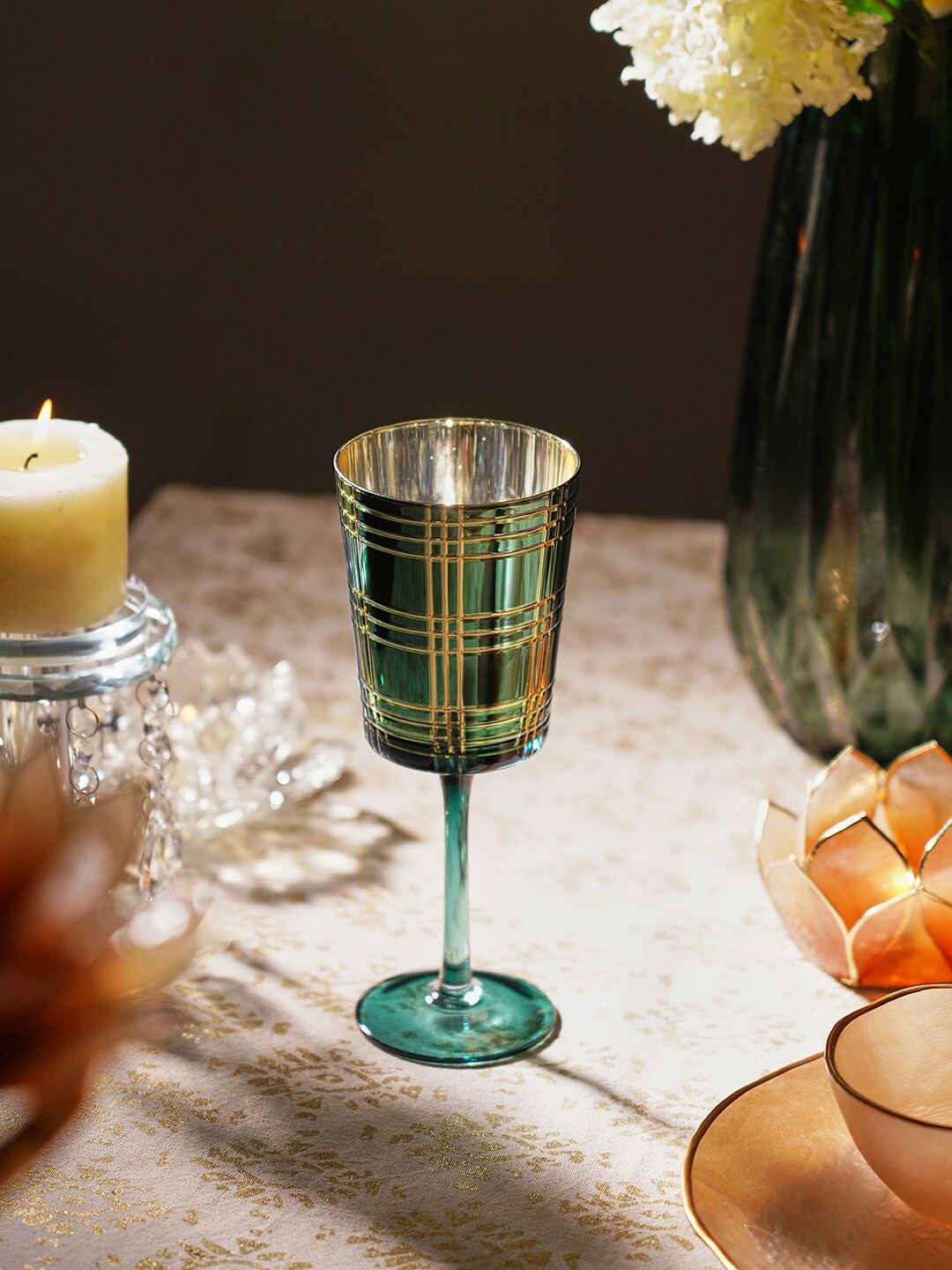 

Pure Home and Living Green & Gold Toned Cut Patterned Glass Stem Candle Holders