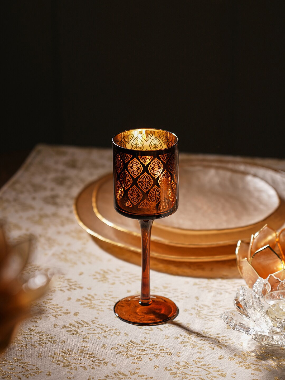 

Pure Home and Living Brown Patterned Glass Stem Candle Holders