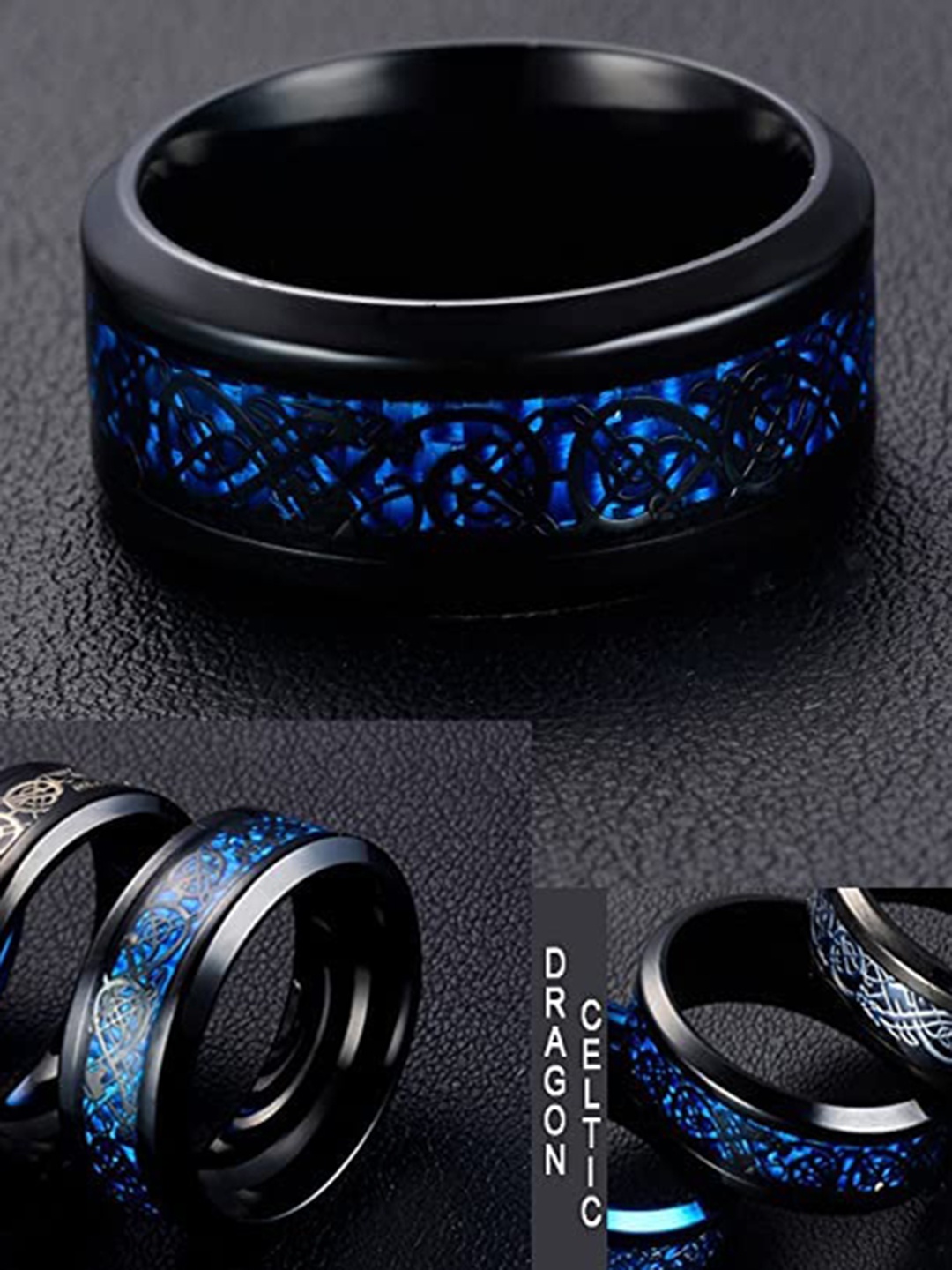 

KRYSTALZ Unisex Set Of 2 Dragon-patterned Stainless Steel Band Rings, Black