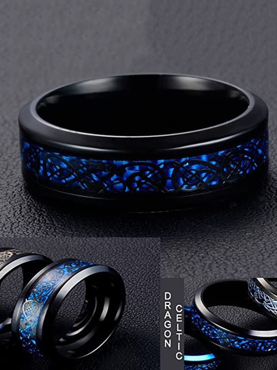 

KRYSTALZ Unisex Set Of 2 Dragon-Patterned Stainless Steel Band Rings, Black