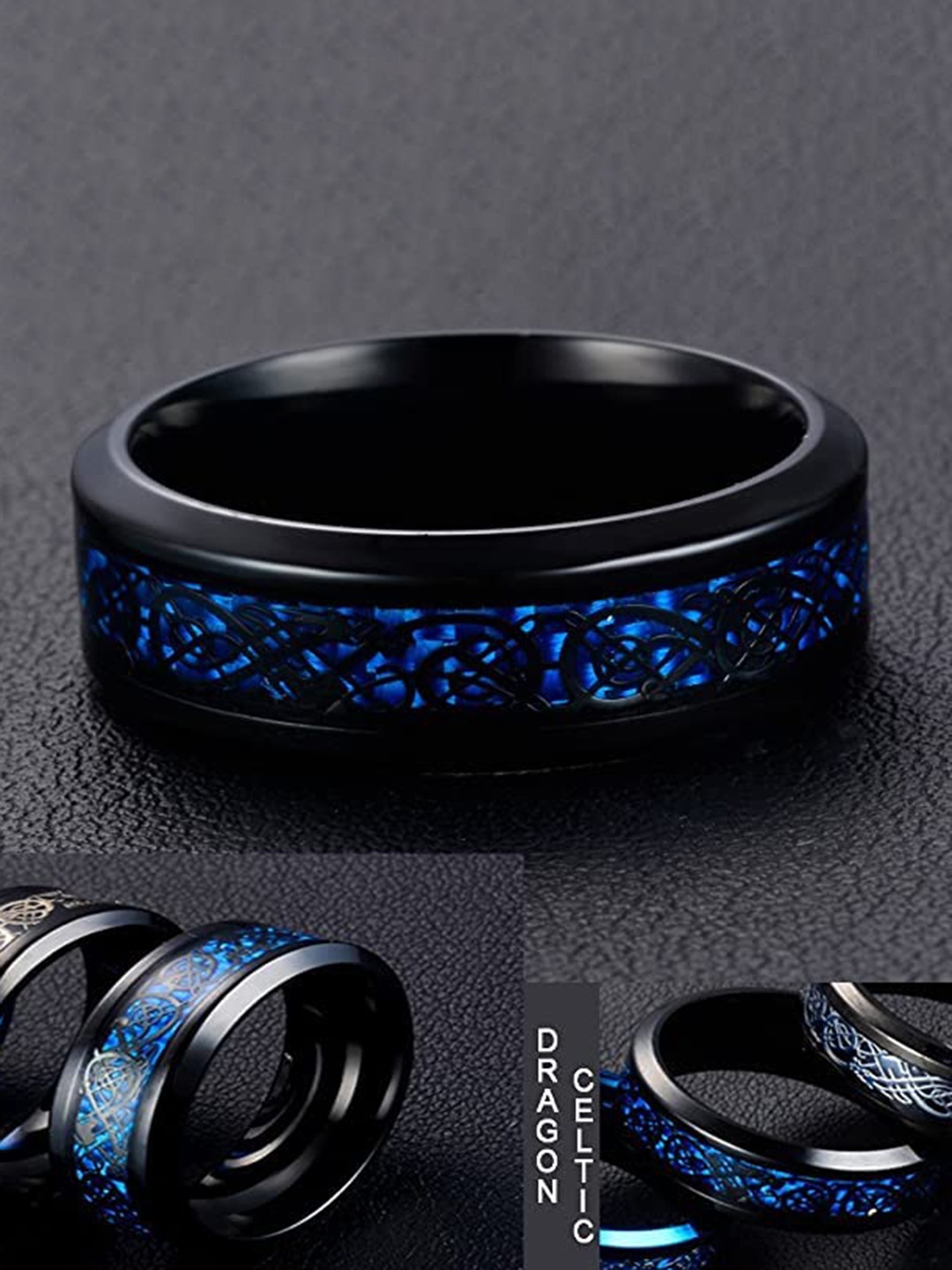 

KRYSTALZ Unisex Set Of 2 Dragon-Patterned Stainless Steel Band Rings, Black