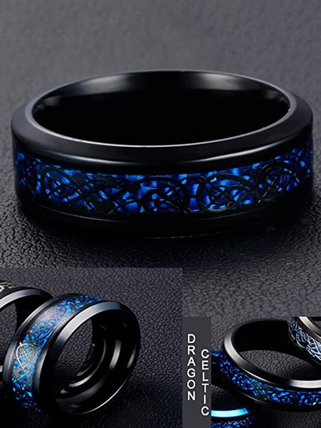 

KRYSTALZ Men Set Of 2 Dragon-patterned Stainless Steel Band Rings, Black