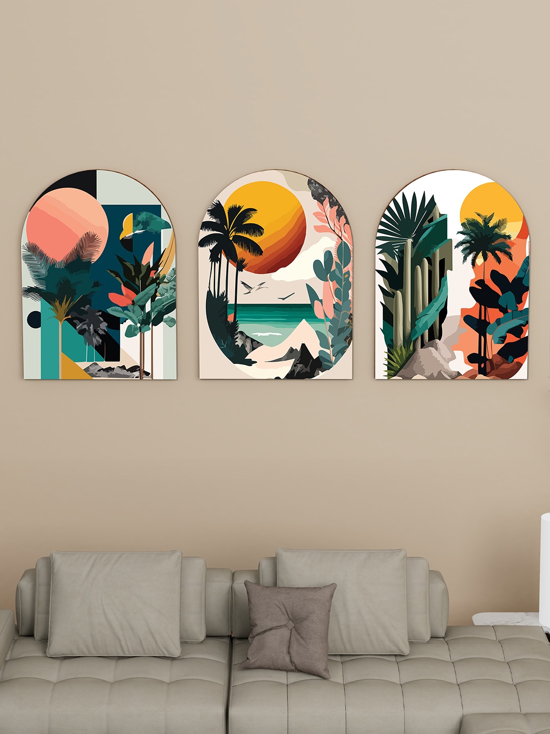 

Art Street White & Green 3 Pieces Beach Design & Tropical Plants Painted Wall Art