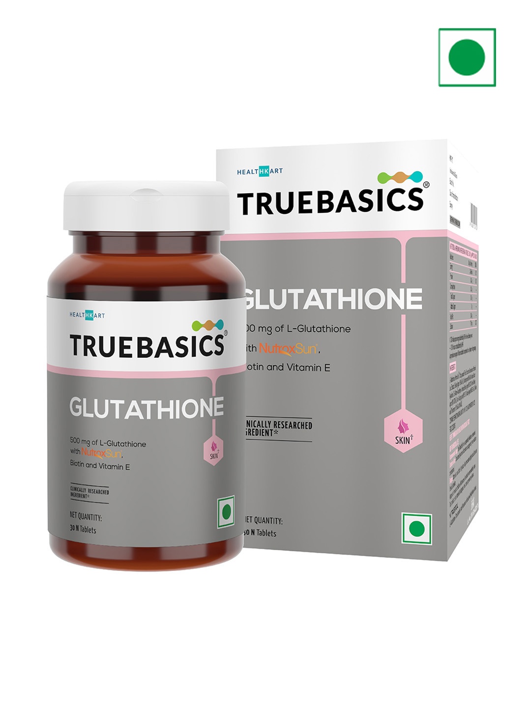 

TrueBasics L-Glutathione Tablets with Nutroxsun-Biotin & Vitamin E - 30 Tablets, Grey