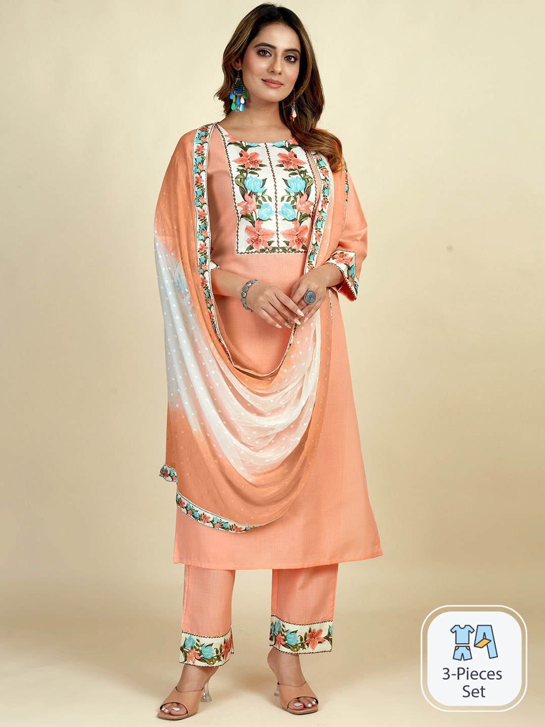 

MINGORA Floral Yoke Design Straight Kurta & Trousers With Dupatta, Peach