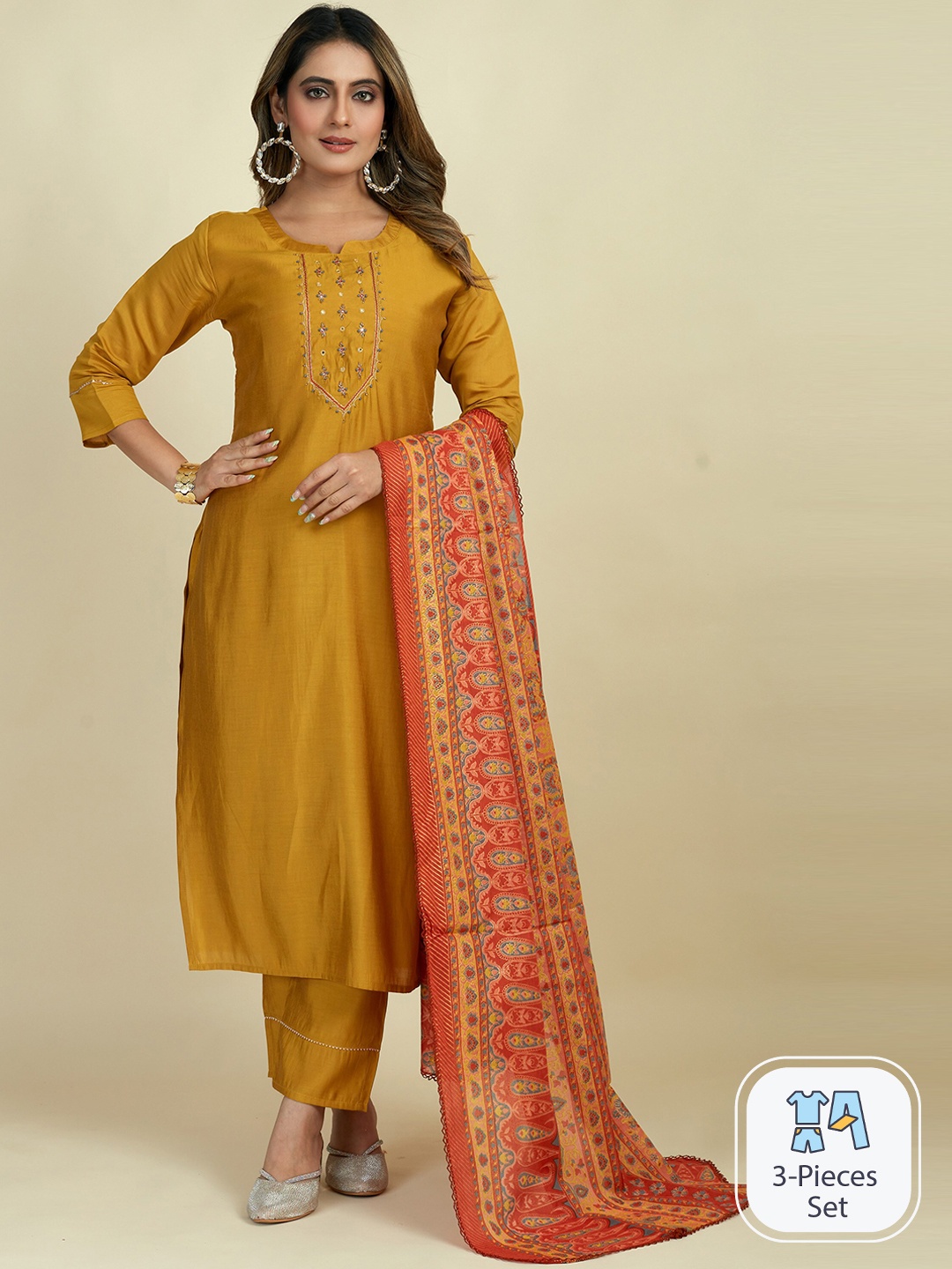 

MINGORA Floral Embroidered Beads and Stones Kurta & Trousers With Dupatta, Mustard