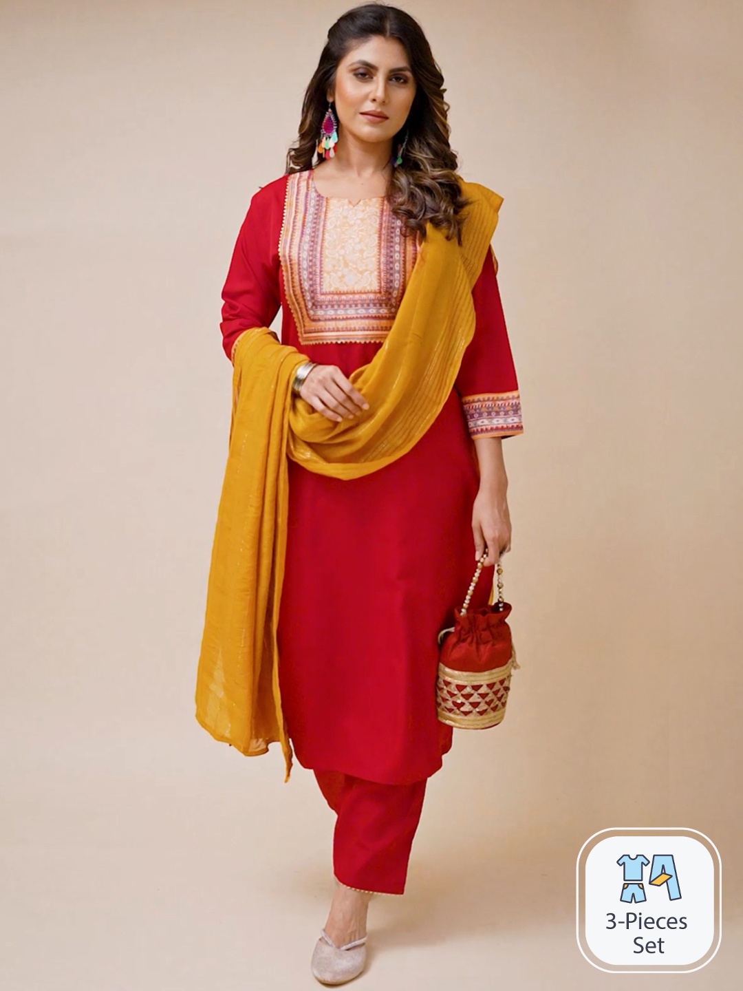 

MINGORA Ethnic Motifs Yoke Design Gotta Patti Straight Kurta & Trousers With Dupatta, Maroon