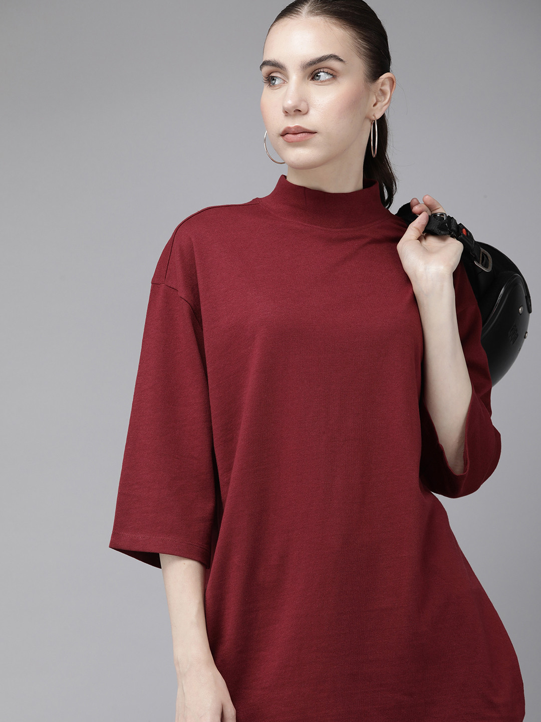 

Roadster Women Solid Oversized High Neck T-shirt, Burgundy