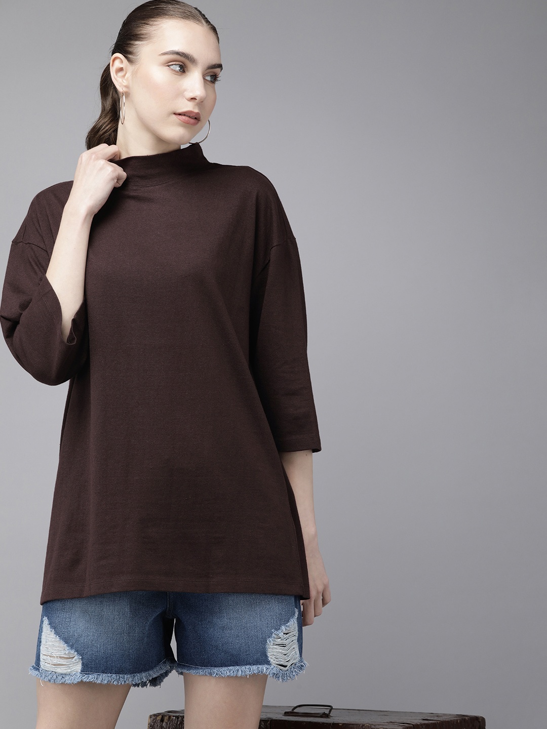 

Roadster Women Solid Oversized High Neck T-shirt, Brown