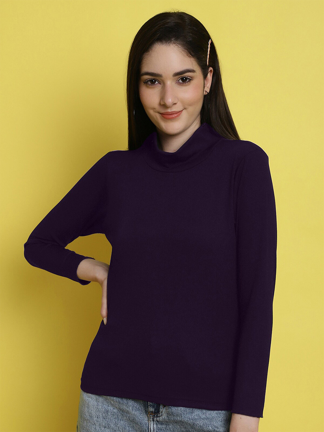 

Fabflee High Neck Ribbed Top, Burgundy