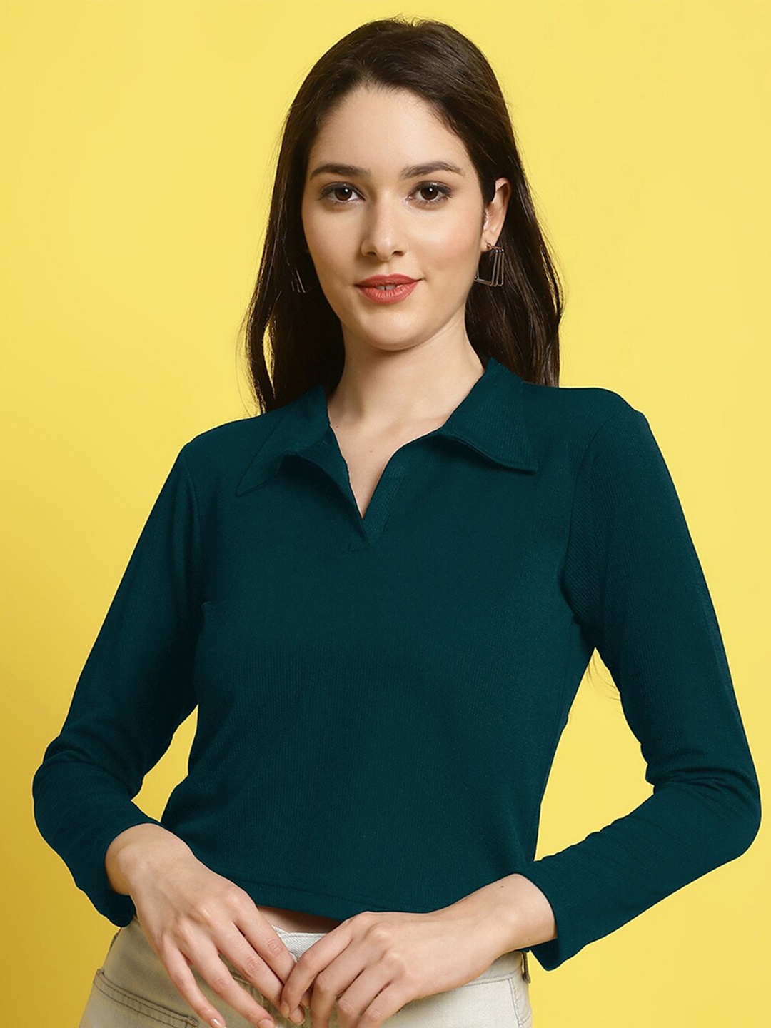 

Fabflee Shirt Collar Regular Top, Green