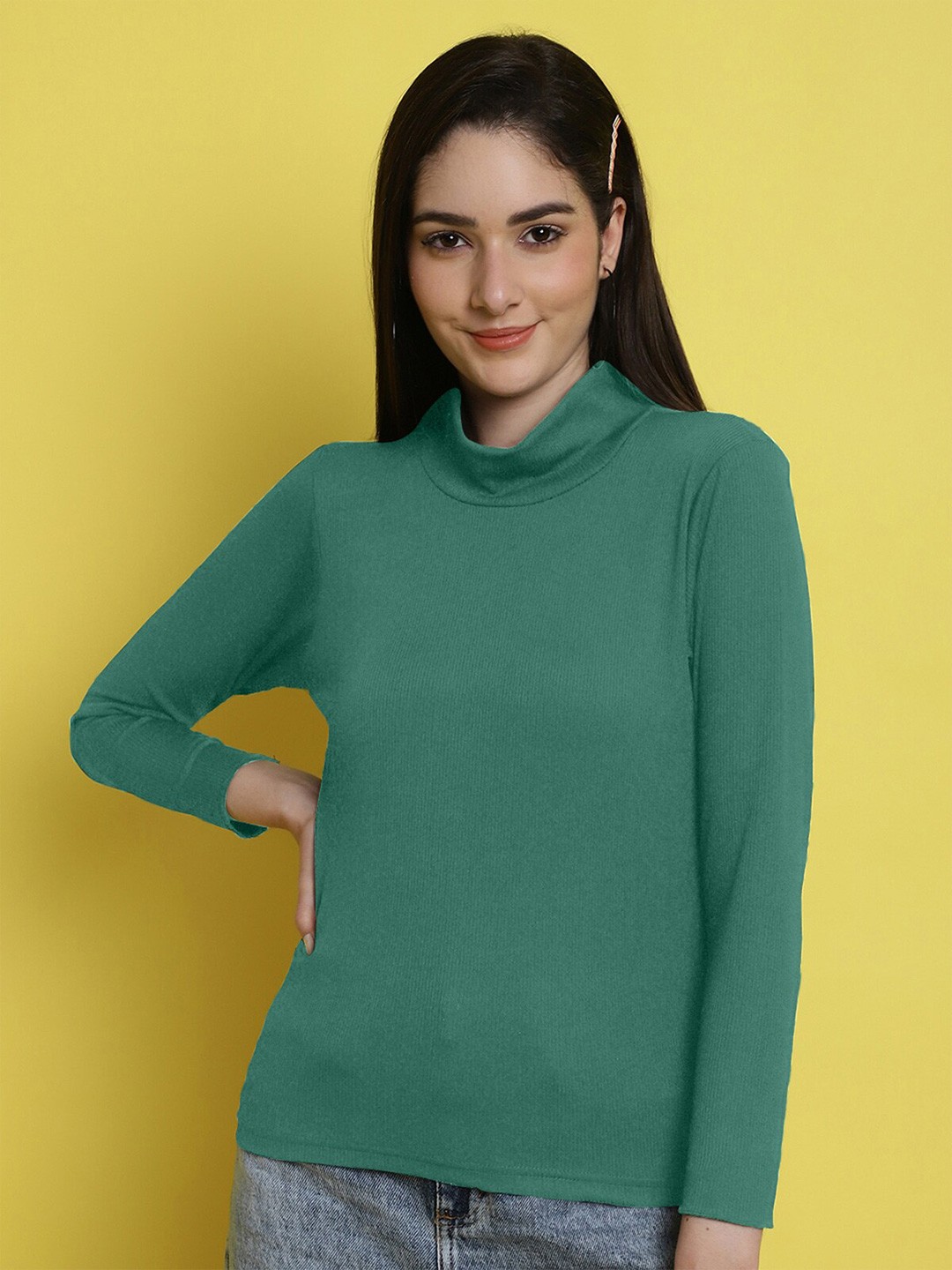 

Fabflee Mock Collar Ribbed Regular Top, Green