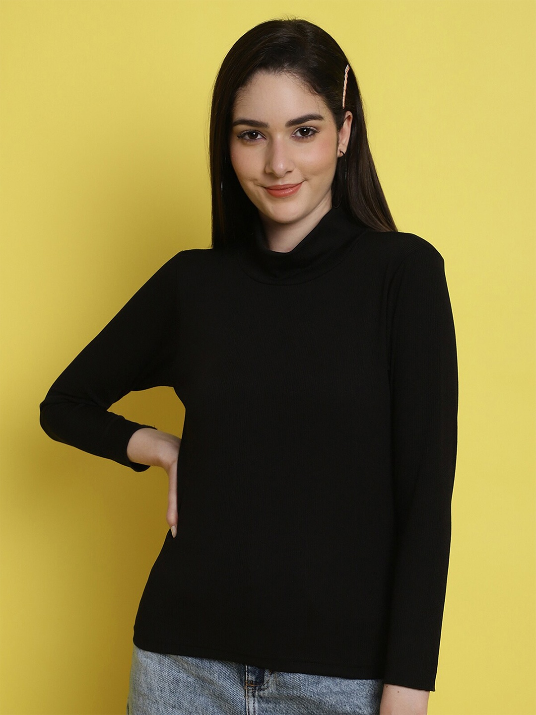 

Fabflee High Neck Knitted Top, Black