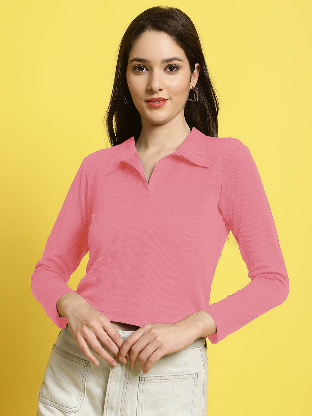 

Fabflee Women Ribbed Solid Slim Fit Casual Top, Pink