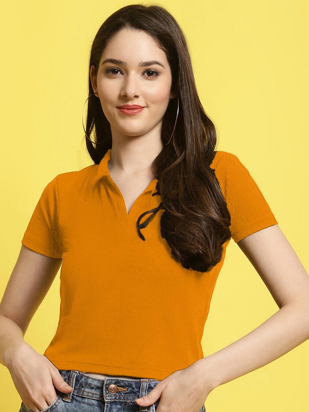 

Fabflee Shirt Collar Regular Top, Yellow