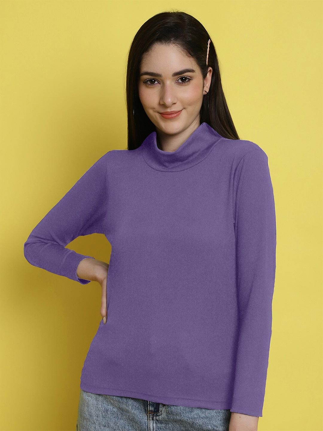 

Fabflee High Neck Ribbed Top, Purple