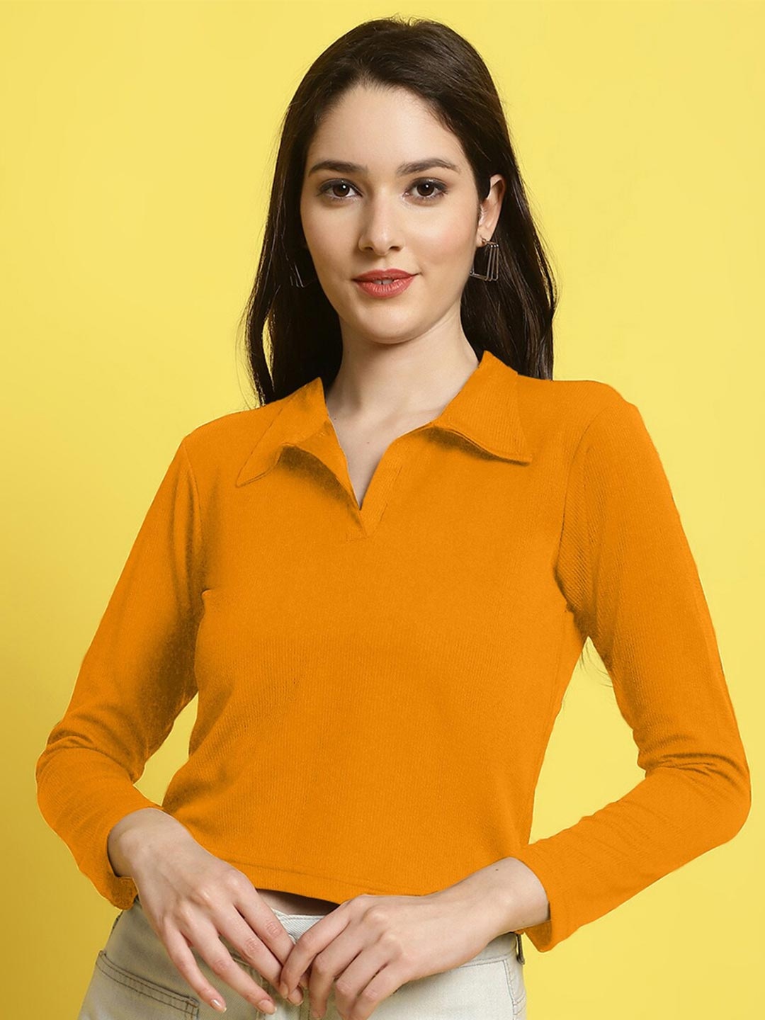 

Fabflee Shirt Collar Long Sleeves Ribbed Crop Top, Orange