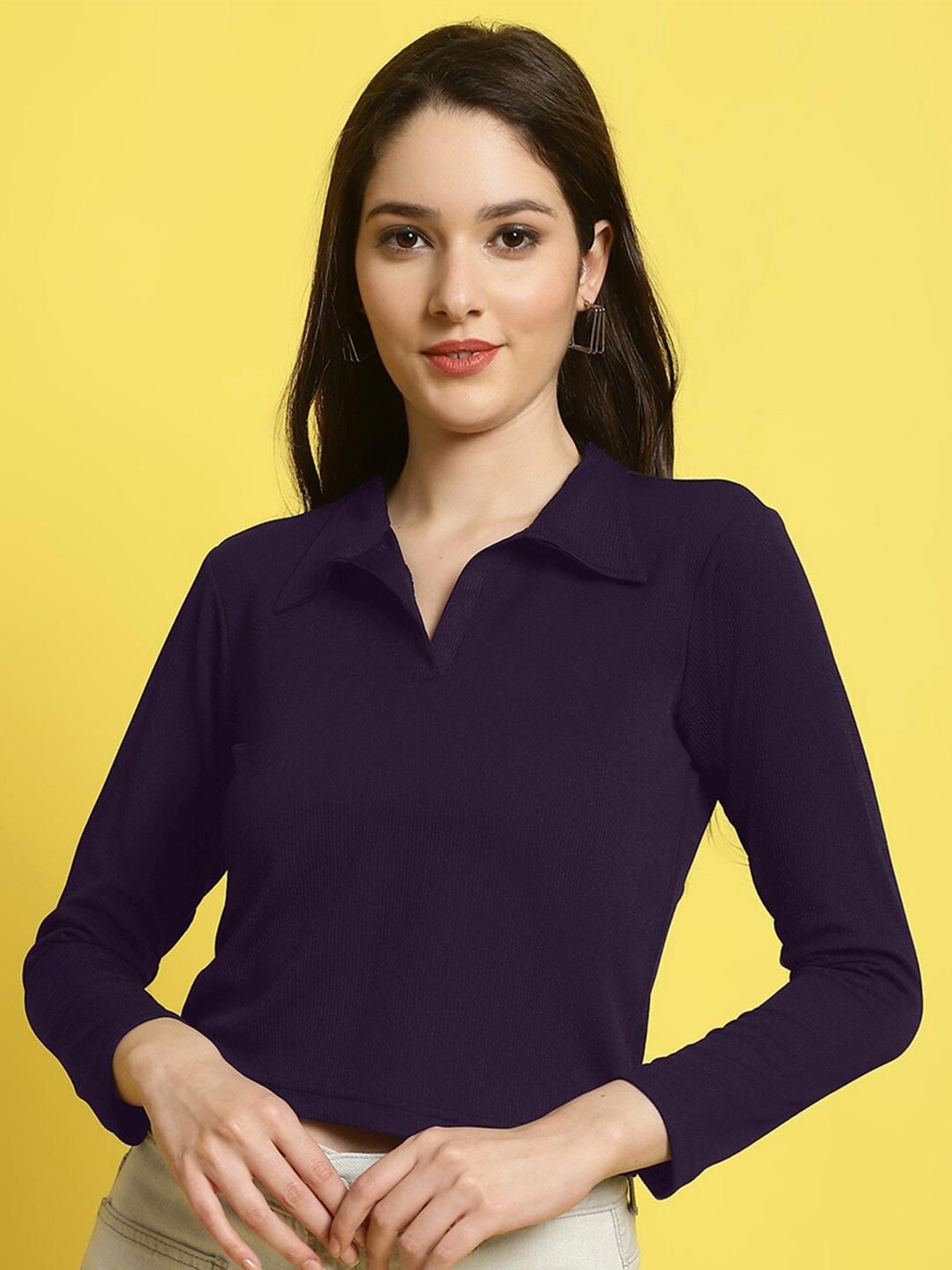 

Fabflee Ribbed Shirt Collar Fitted Crop Top, Purple