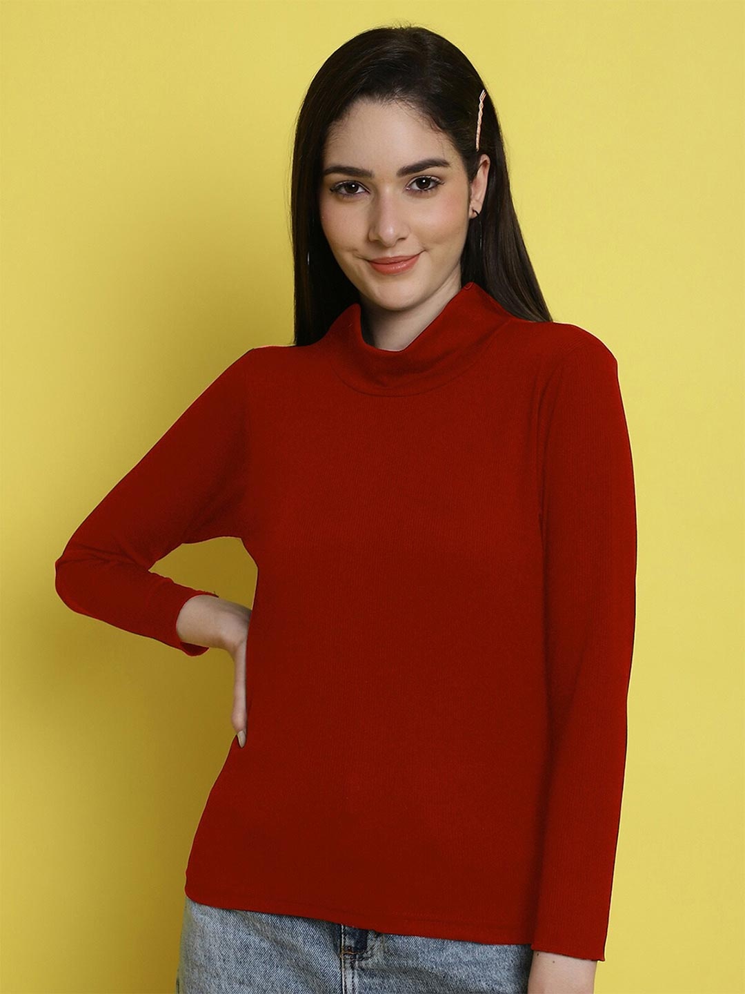 

Fabflee High-Neck Ribbed Regular Top, Red