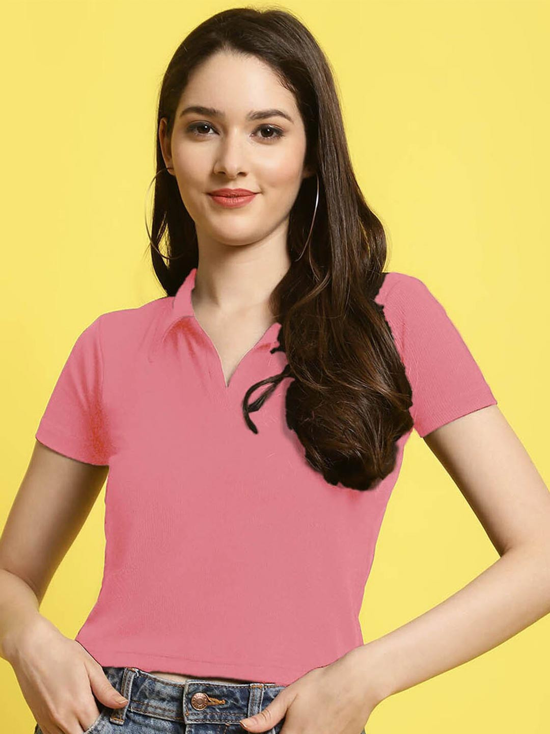 

Fabflee Women Shirt Collar Fitted Crop Top, Pink