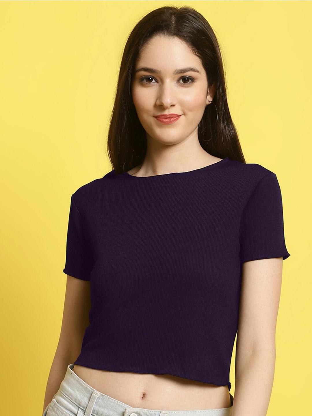 

Fabflee Ribbed Round Neck Fitted Crop Top, Purple