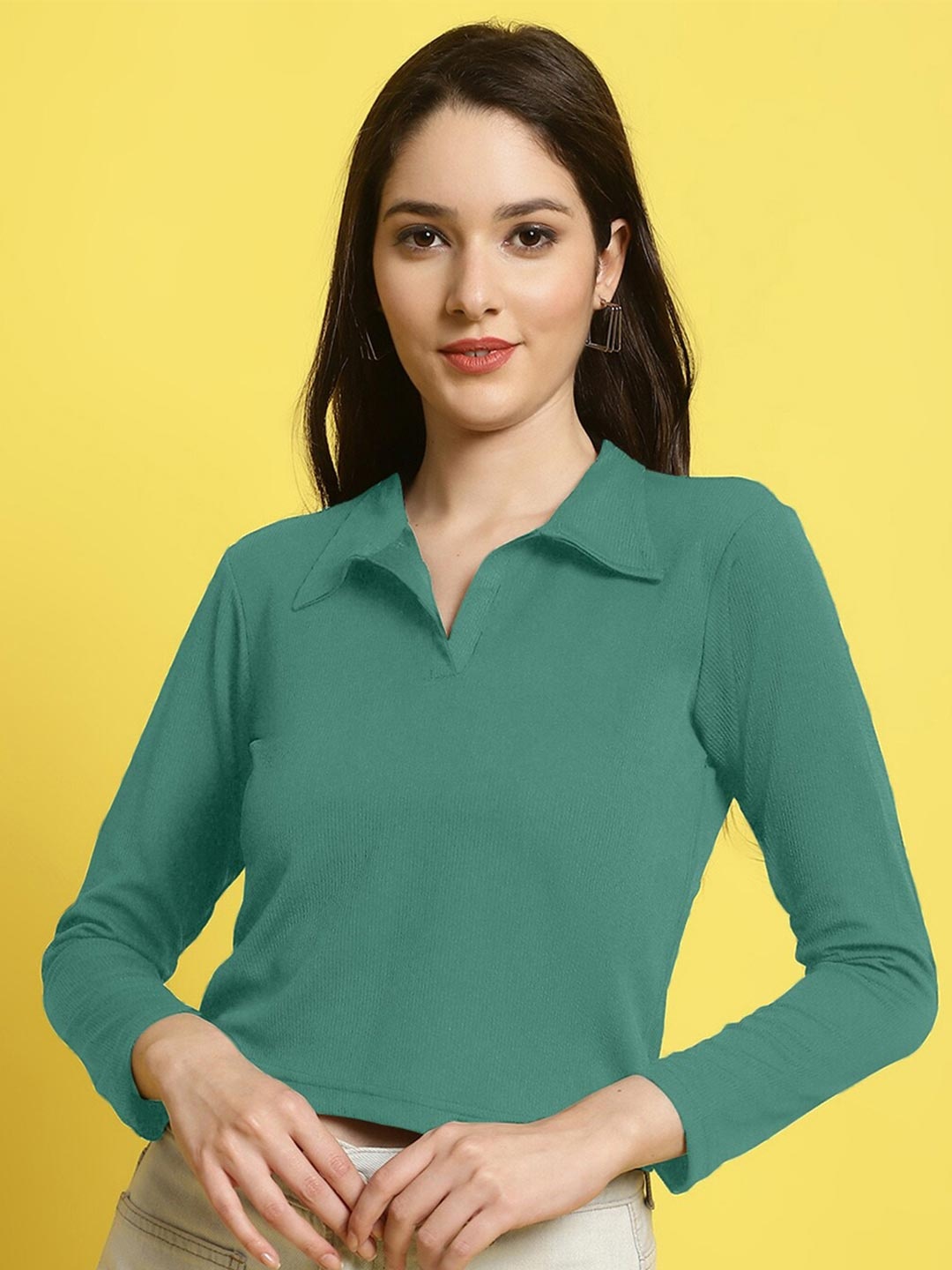 

Fabflee Women Ribbed Collar Slim Fit Casual Top, Green