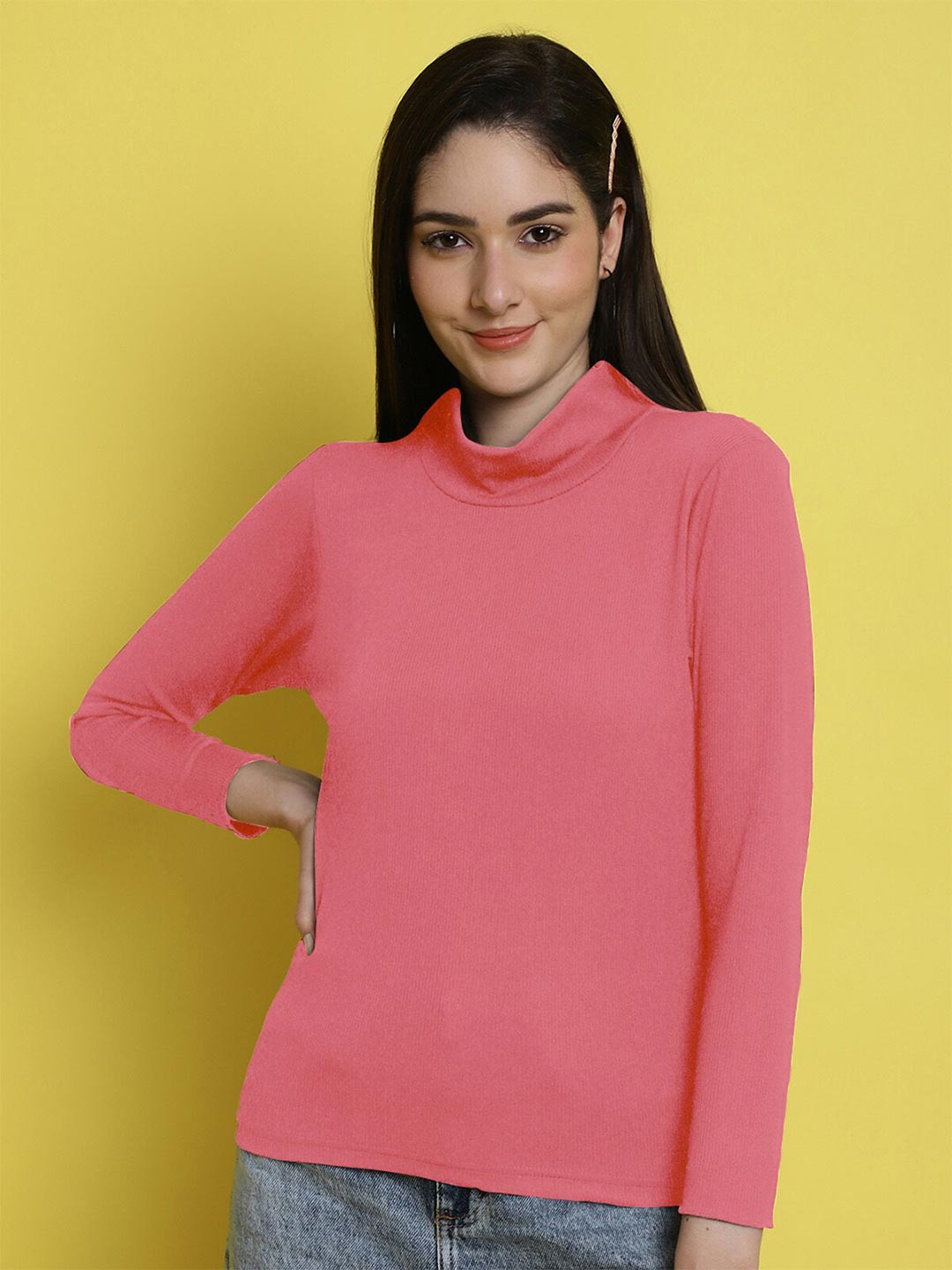 

Fabflee High Neck Ribbed Knitted Top, Pink