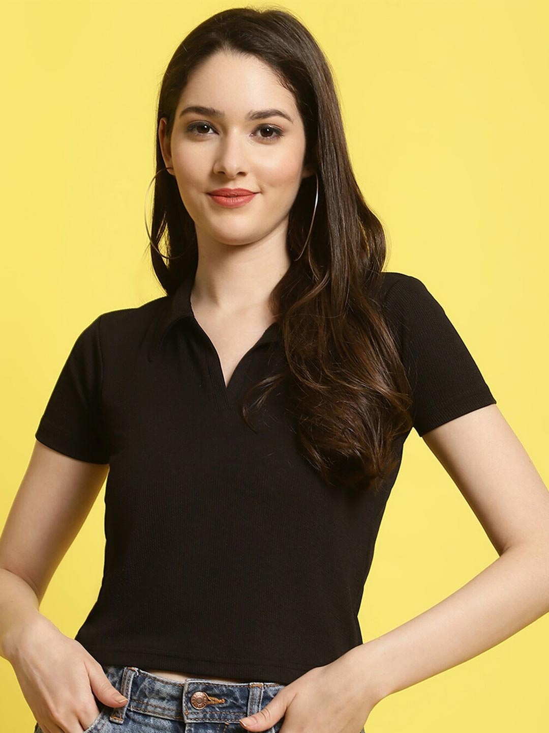 

Fabflee Ribbed Shirt Collar Fitted Crop Top, Black