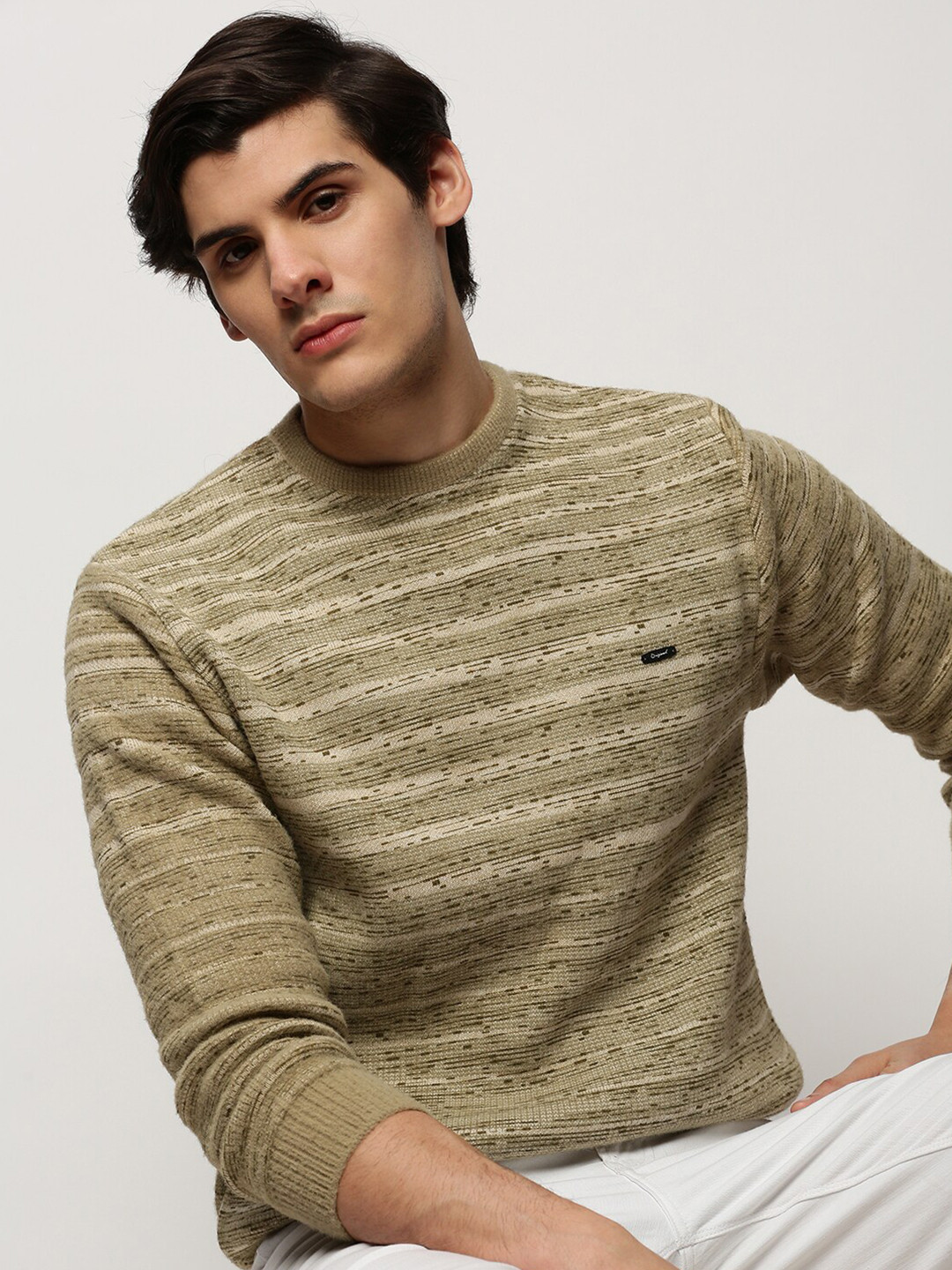 

SHOWOFF Striped Acrylic Pullover, Olive