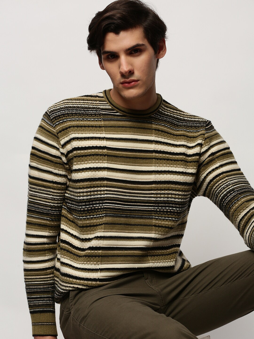 

SHOWOFF Striped Acrylic Pullover, Olive