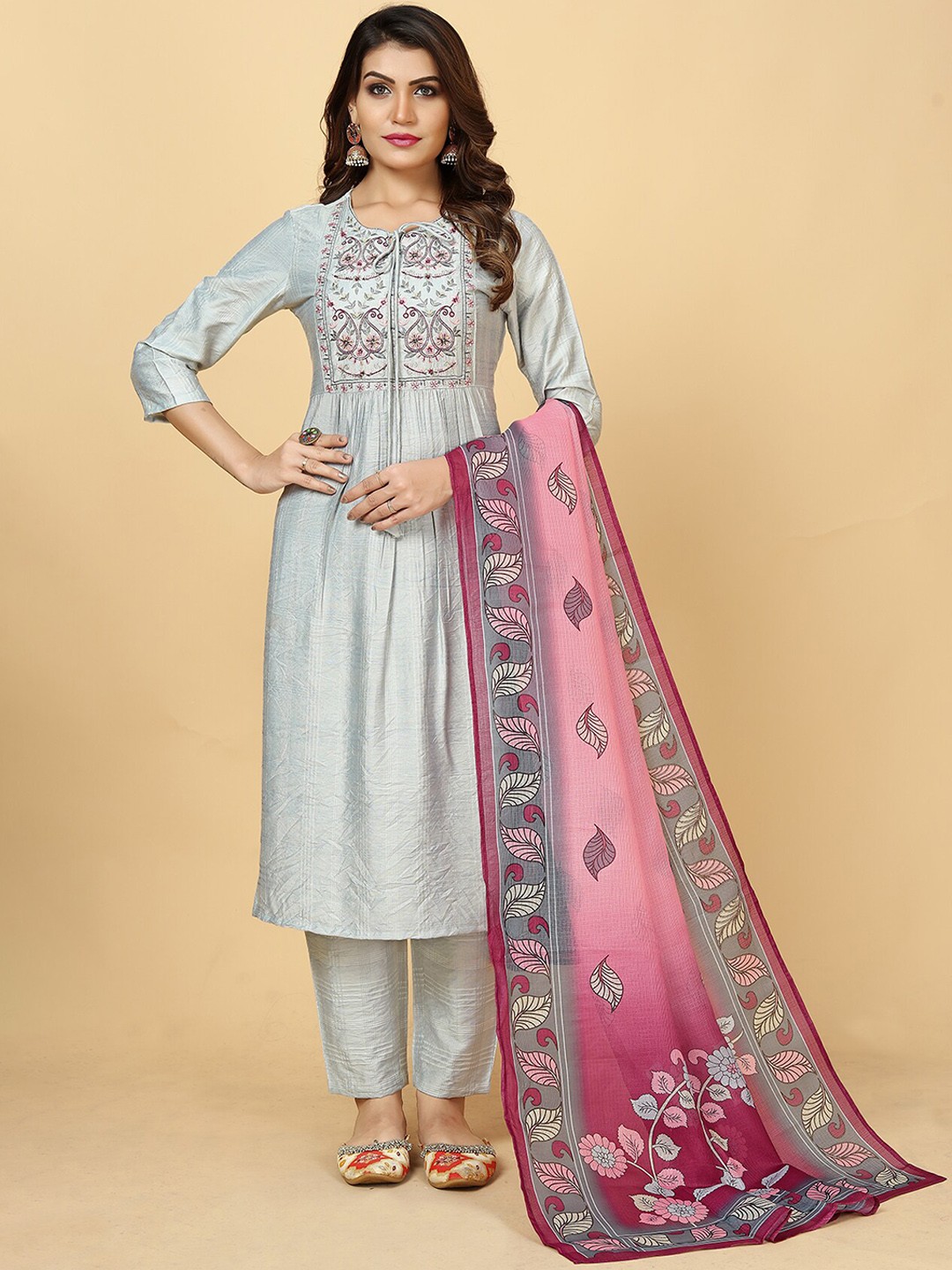 

Lookslady Ethnic Motifs Yoke Design Thread Work A Line Kurta With Trousers & Dupatta, Blue