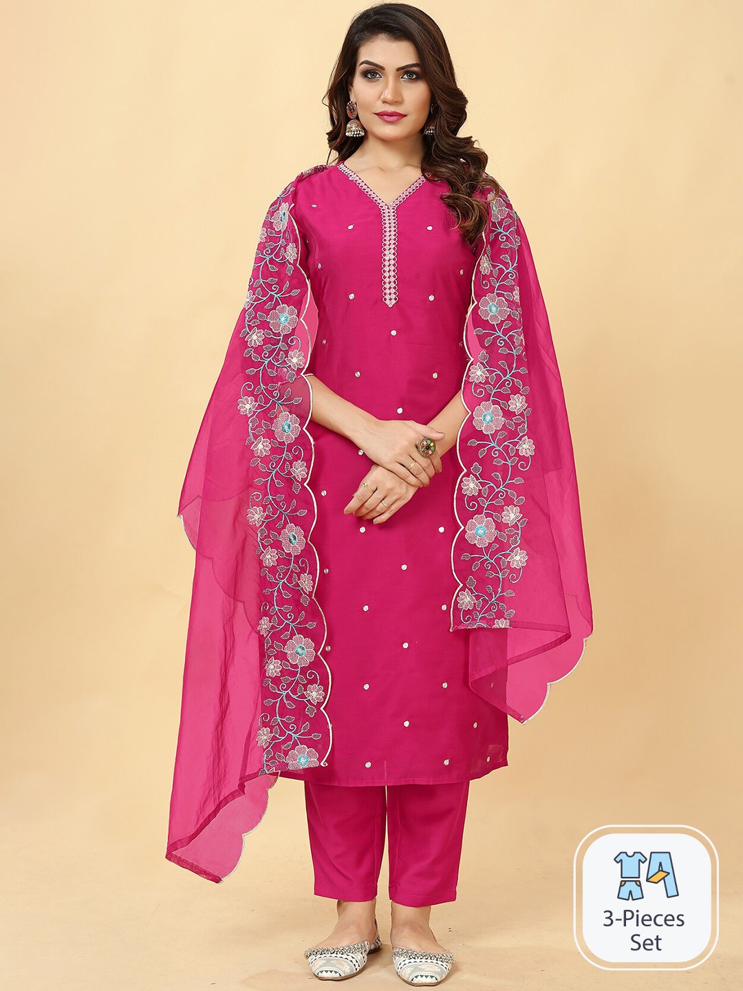 

Lookslady Floral Embroidered Thread Work A Line Kurta With Trousers & Dupatta, Pink