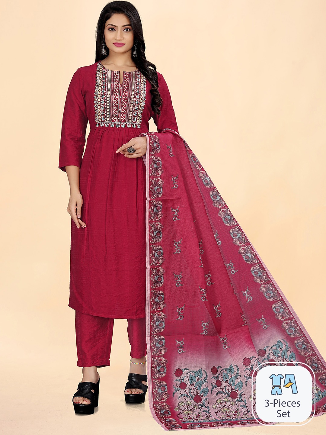 

Lookslady Floral Yoke Design Thread Work A Line Kurta With Trousers & Dupatta, Pink