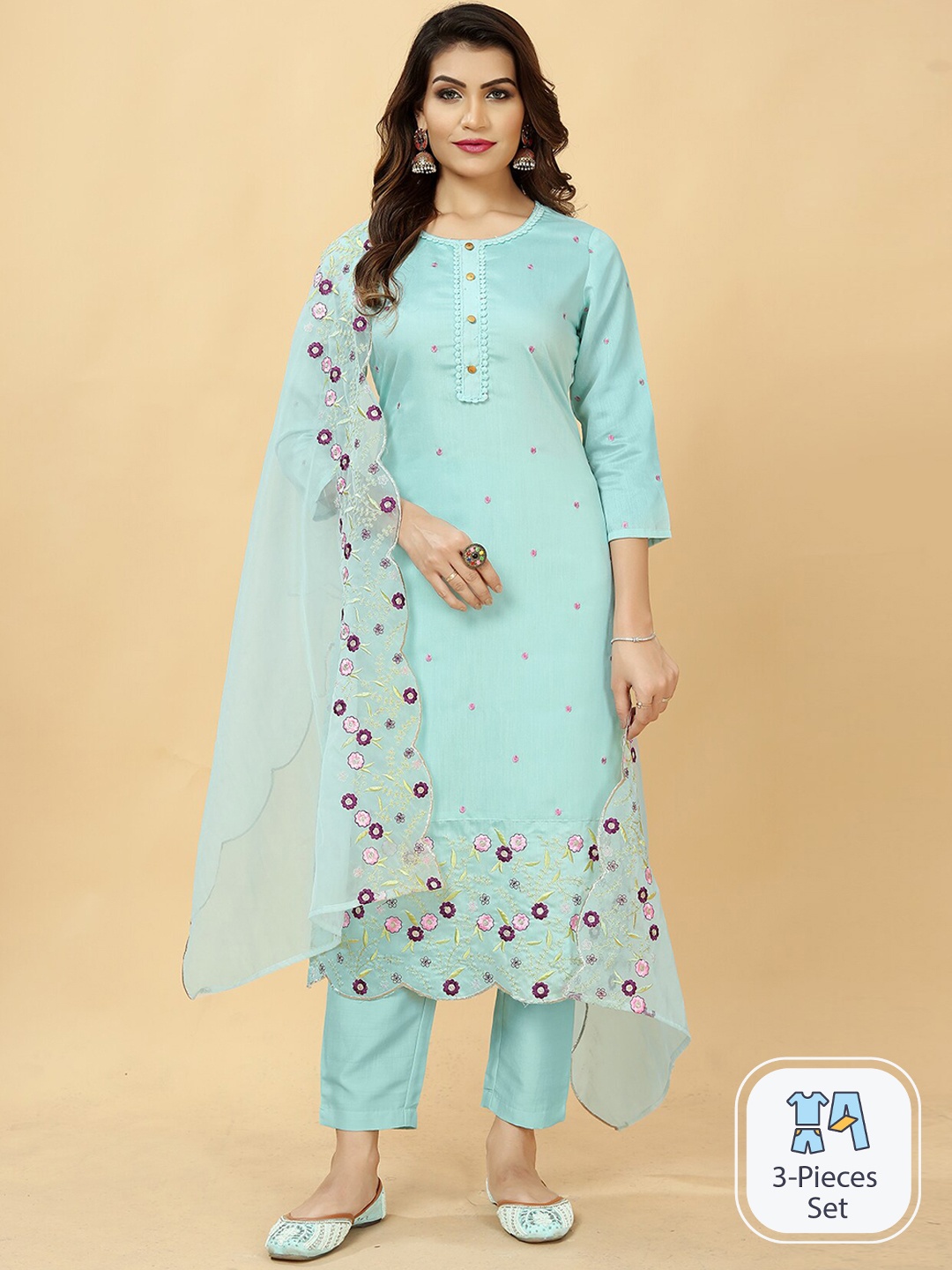 

Lookslady Floral Embroidered Thread Work A Line Kurta With Trousers & Dupatta, Blue