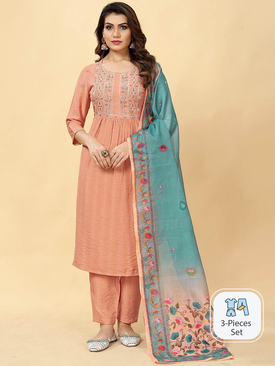 

Lookslady Floral Embroidered Regular Thread Work Kurta With Trousers & Dupatta, Peach