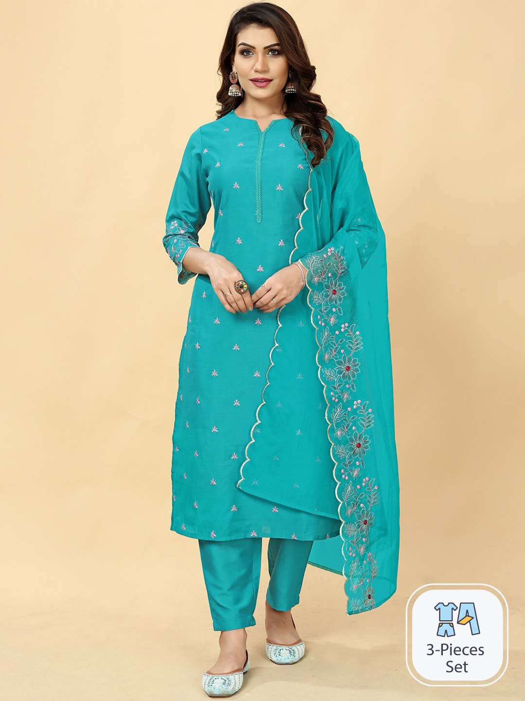 

Lookslady Floral Embroidered Thread Work Straight Kurta With Trousers & Dupatta, Turquoise blue