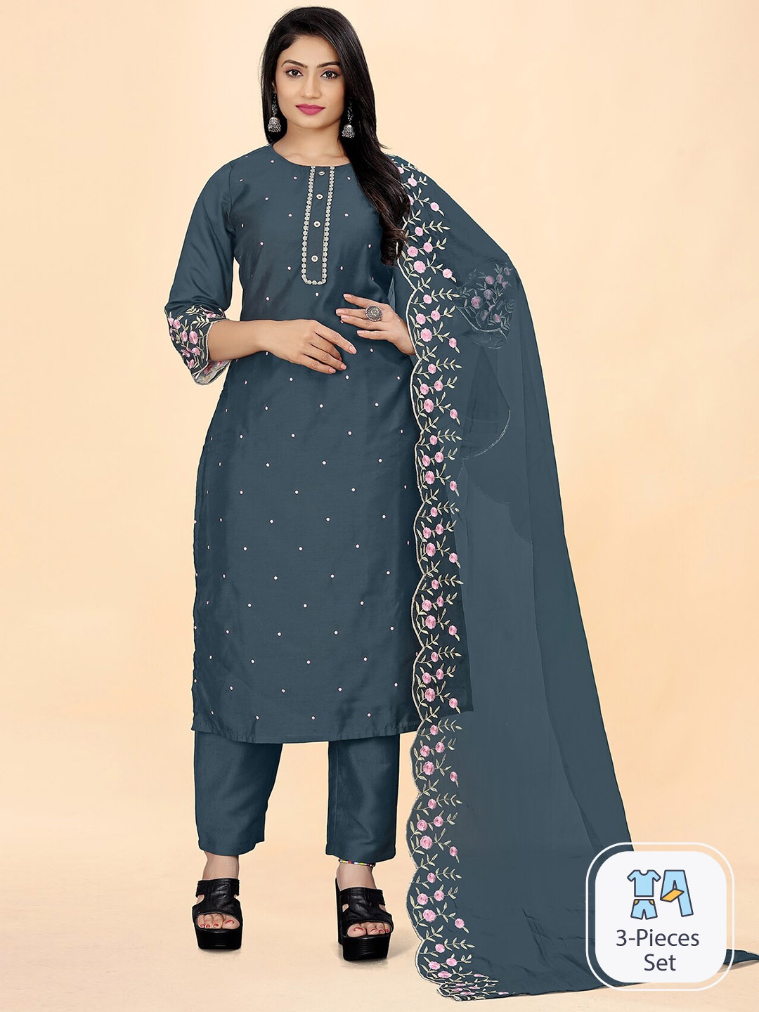 

Lookslady Floral Embroidered Thread Work A Line Kurta With Trousers & Dupatta, Grey