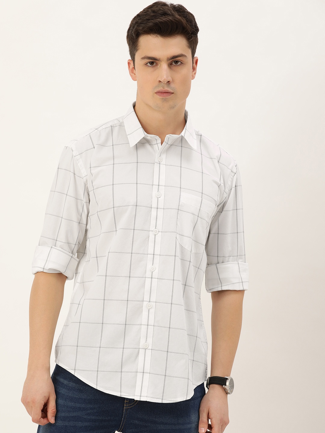 

Burnt Umber Men Classic Windowpane Checks Opaque Casual Shirt, White