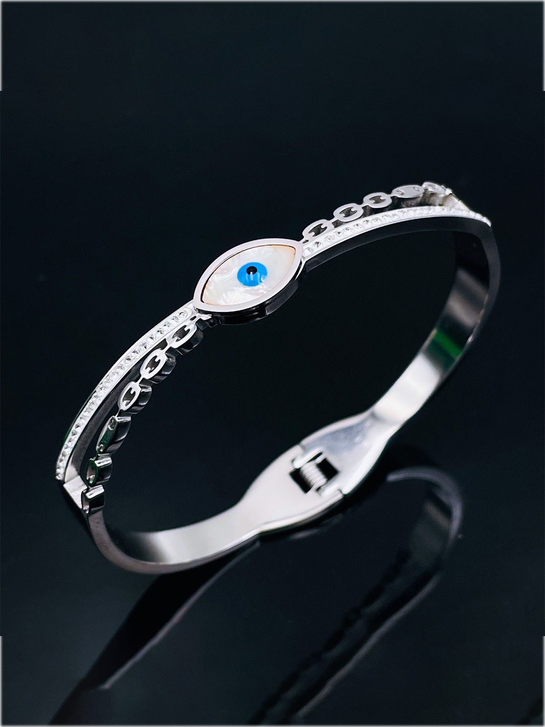 

ZIVOM Silver-Plated Cubic Zirconia Studded Evil Eye Kada Bracelet