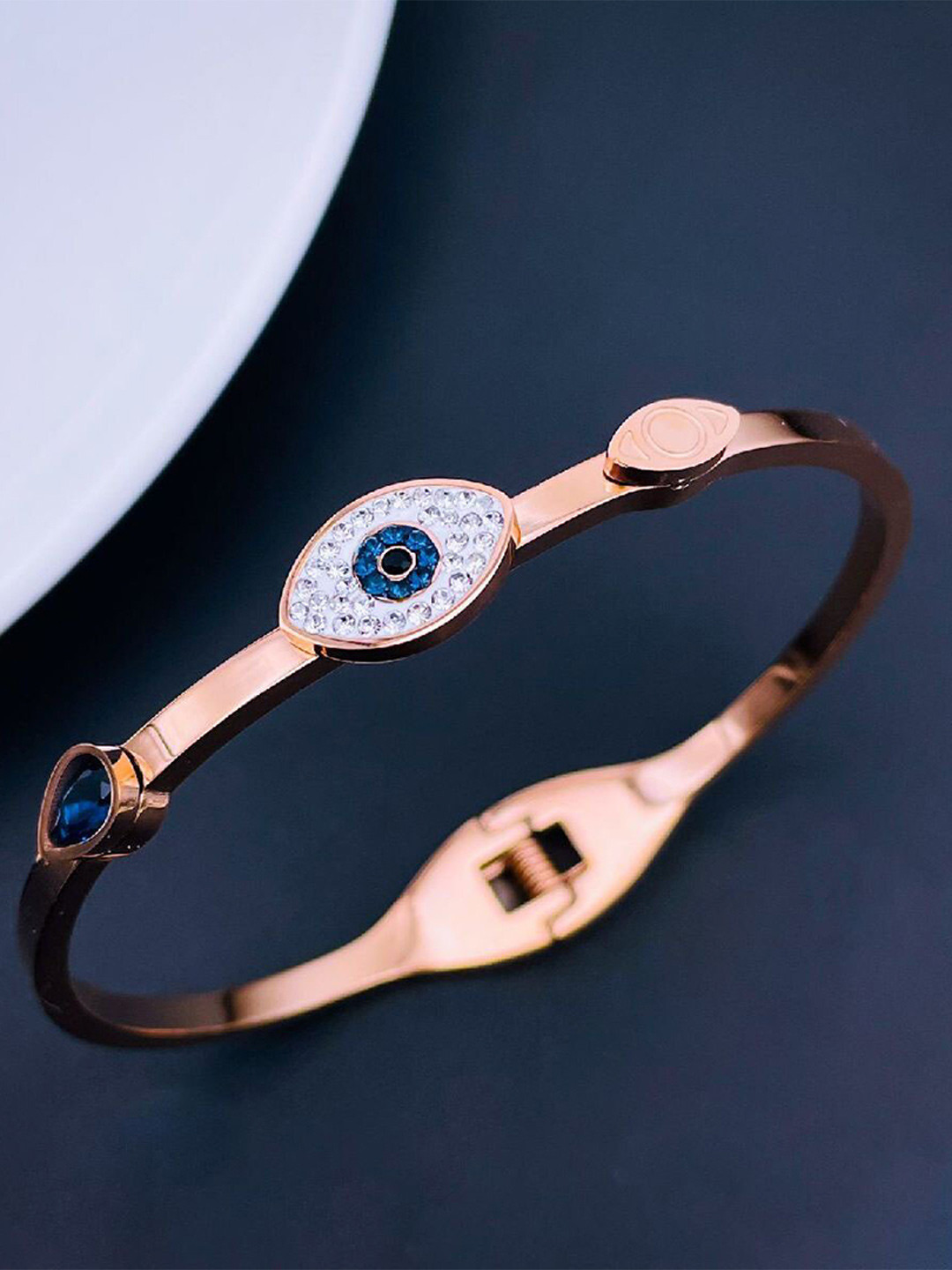 

ZIVOM 18K Rose Gold-Plated Cubic Zirconia Studded Evil Eye Kada Bracelet