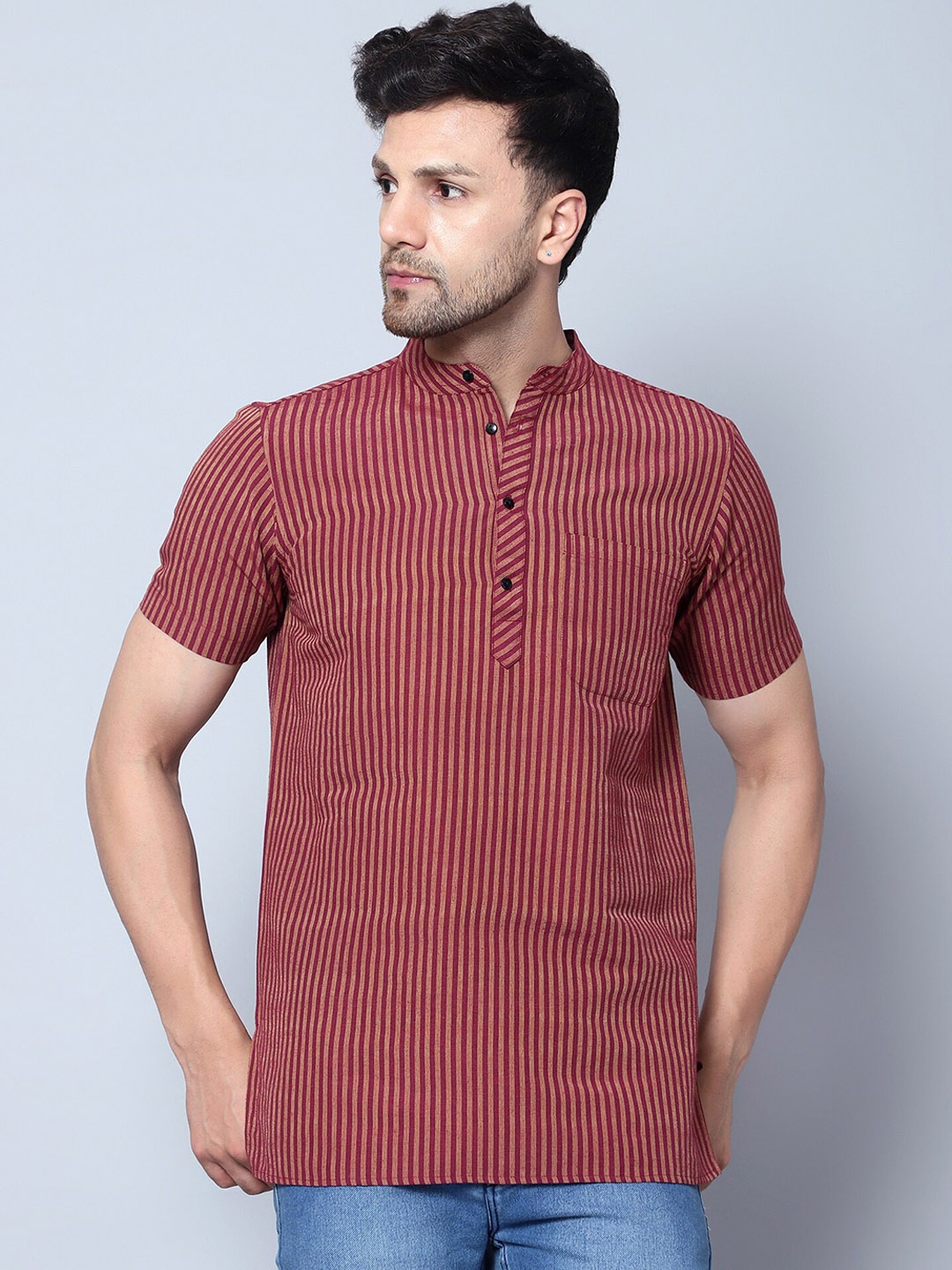 

Latest Chikan Garments Striped Mandarin Collar A-Line Kurta, Brown