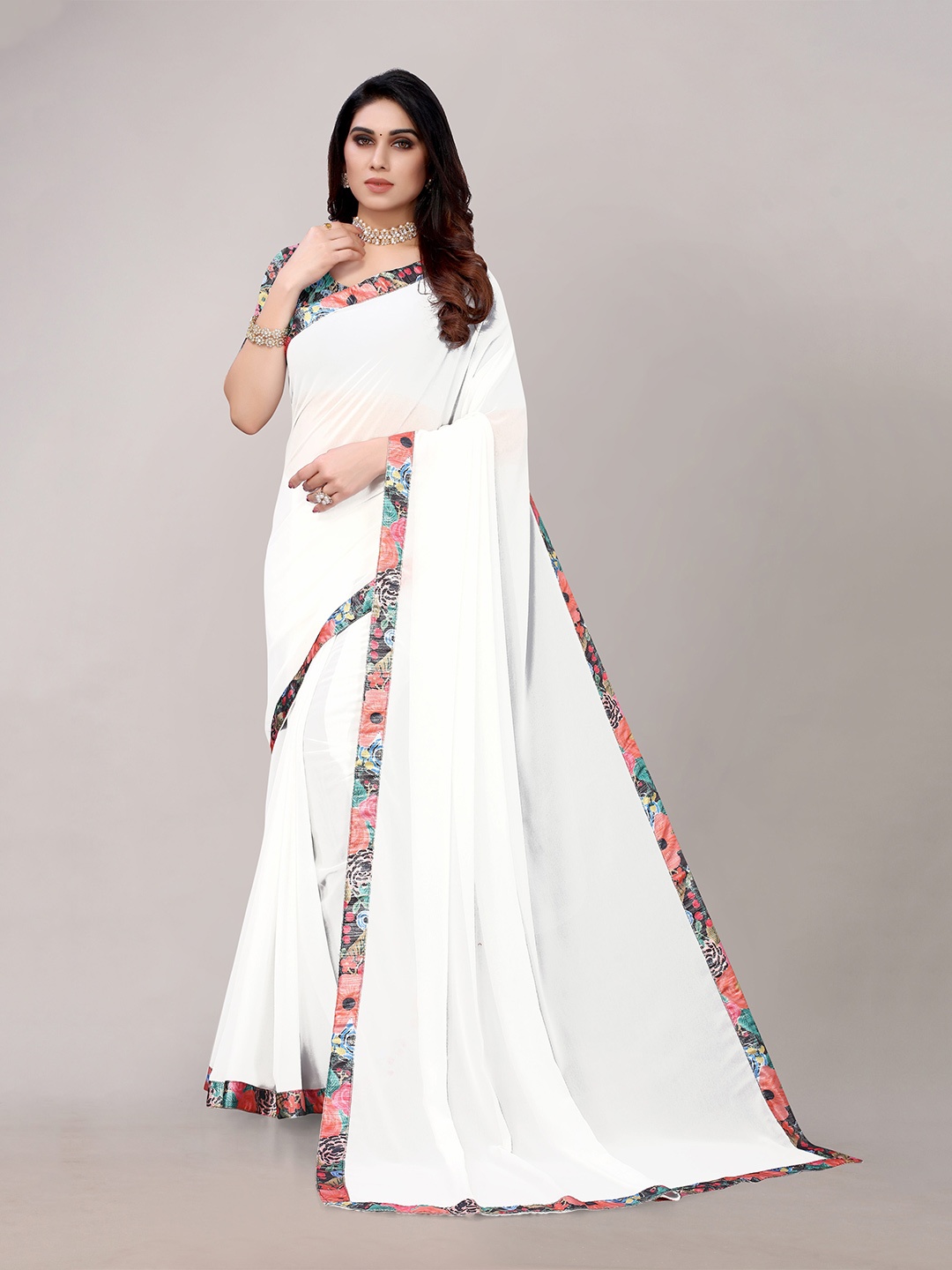 

MAGMINA Printed Border Pure Georgette Saree, White