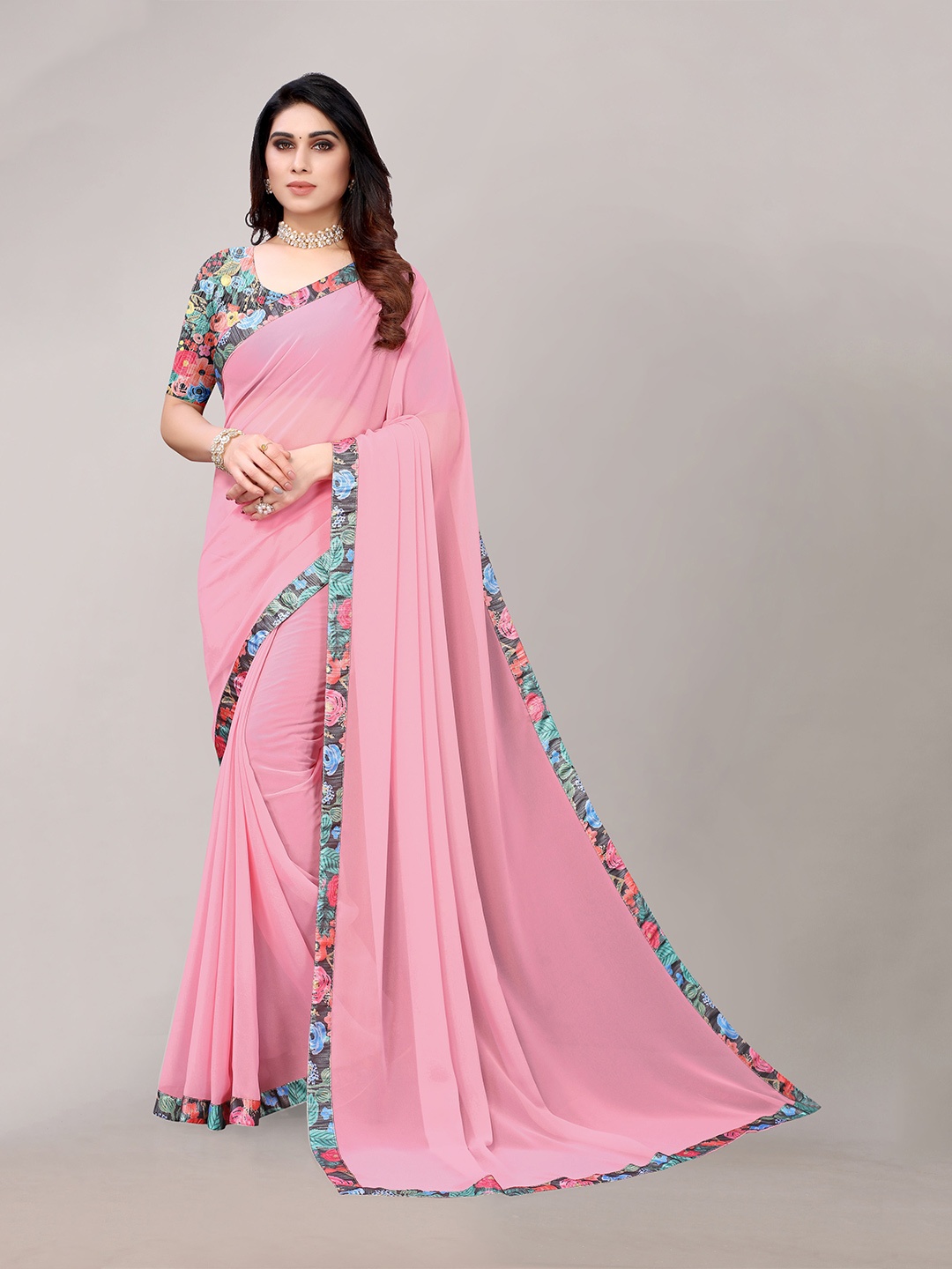 

MAGMINA Printed Border Pure Georgette Saree, Pink